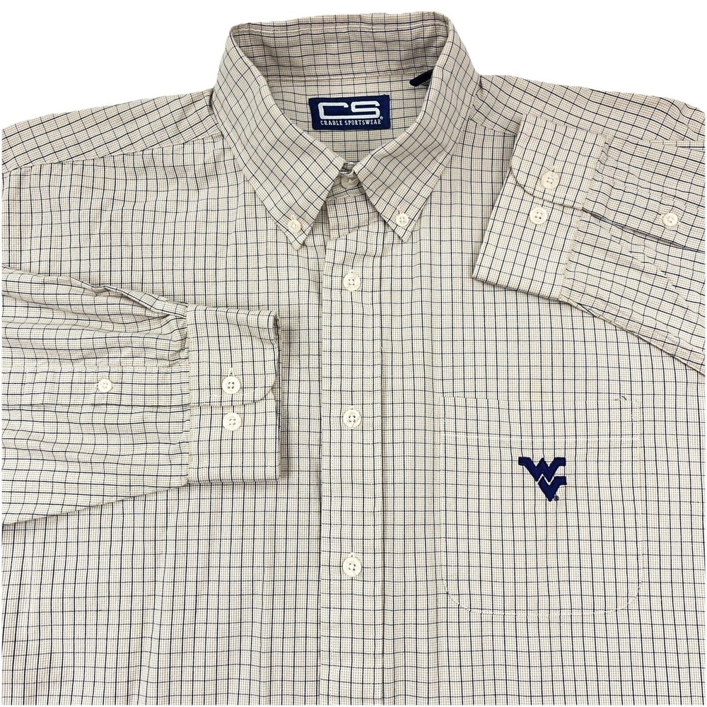 West‎ Virginia Mountaineers Shirt Men Large Tan Plaid Button Up Dress WVU Pocket
